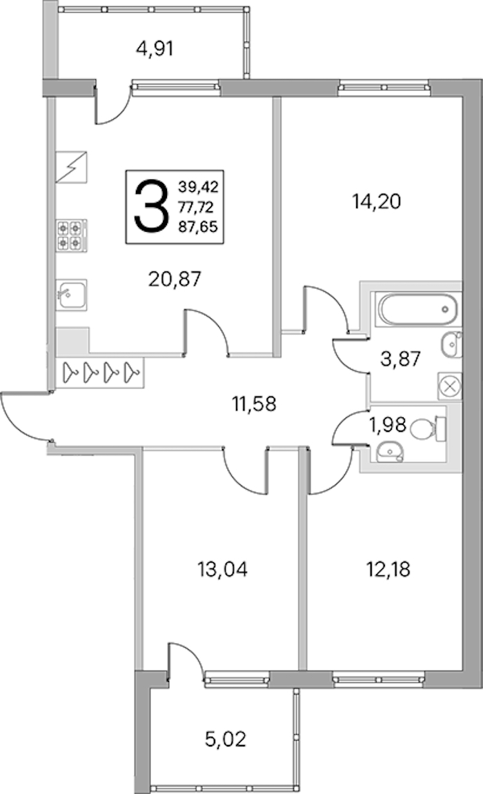 3-комнатная квартира 77.72 м², 1/5 эт., ЖК «ЮгТаун. Олимпийские кварталы»
